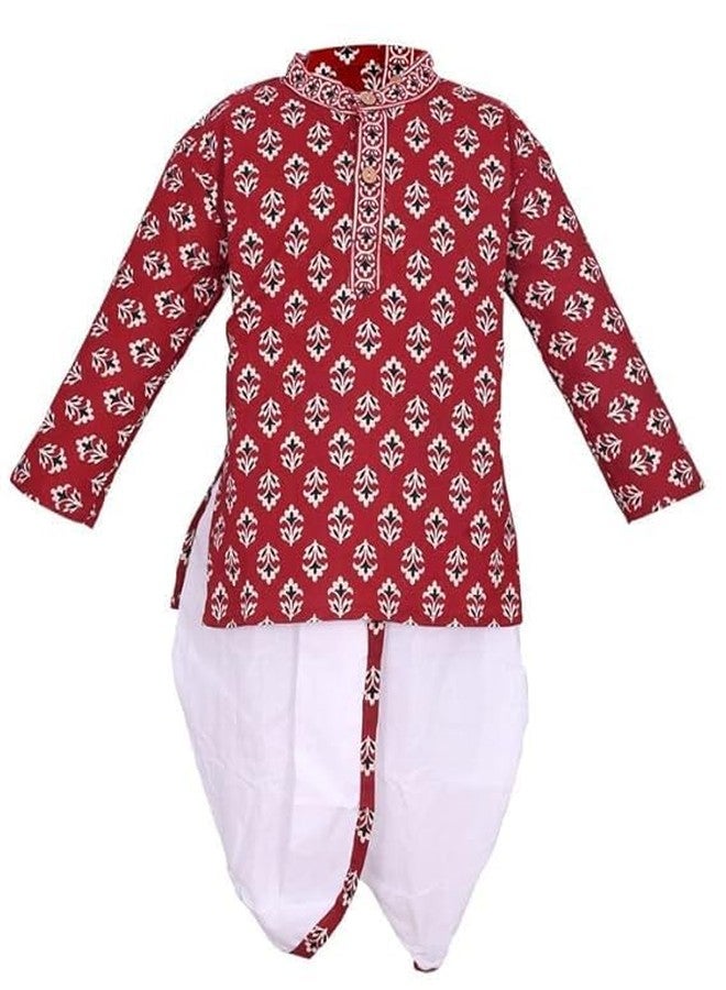 LITTLE DREAMS Traditional Jaipuri Print Dhoti & Kurta Set Special for Kids Red & White 4-5 Y - Image 1