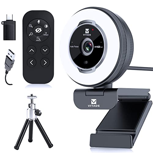 VITADE Zoomable Webcam with Remote Control, 1080P 60FPS Streaming Webcam with Adjustable Ring Light and Tripod, Pro USB 5X Digital Zoom Webcam for Zoom/Skype Teams/Laptop/Mac Windows - Image 1