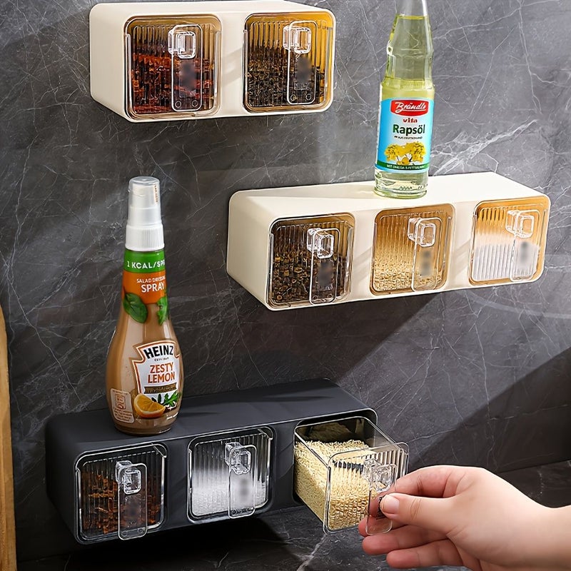 Beige Two Grid Multifunctional Wall Mounted Drawer Type Seasoning Storage Container For MSG Salt Sugar And Chili - Image 5