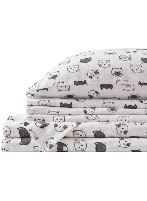 Comfort Spaces Comfort Spaces Cotton Flannel Breathable Warm Deep Pocket Sheets with Pillow Case Bedding Full GreyPink Cats 4 Piece 