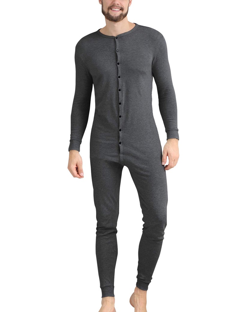 COLORFULLEAF Mens Cotton Thermal Underwear Henley Union Suits Onesies Base Layer Dark Grey S