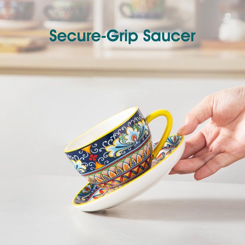 vancasso 8 oz Cappuccino Cups with Saucers Set of 6, Bohemian Ceramic Coffee Cup for Latte, Tea, Espresso, Microwave & Dishwasher Safe - Porcelain Latte Mugs for Kitchen or Cafe - Image 5