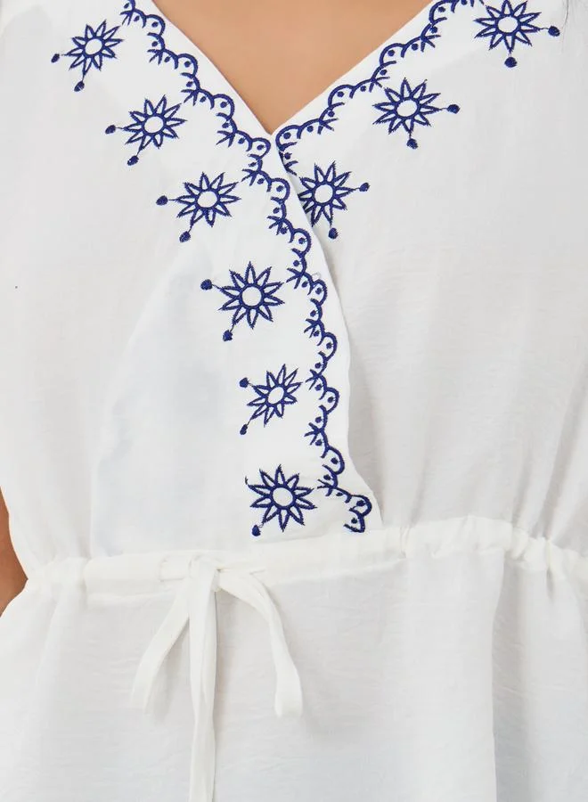 Styli Styli Embroidered V-Neck Puff Sleeve Peplum Blouse