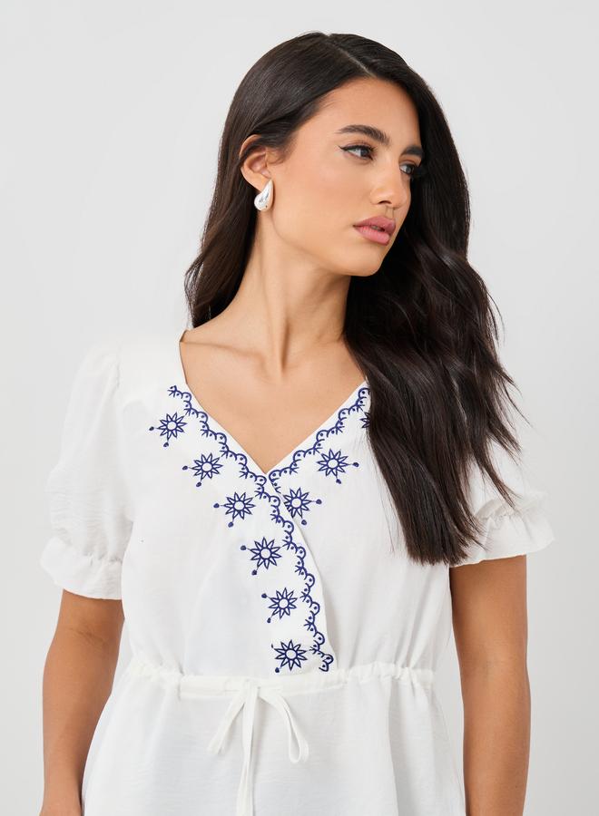 Styli Styli Embroidered V-Neck Puff Sleeve Peplum Blouse  - Image 3