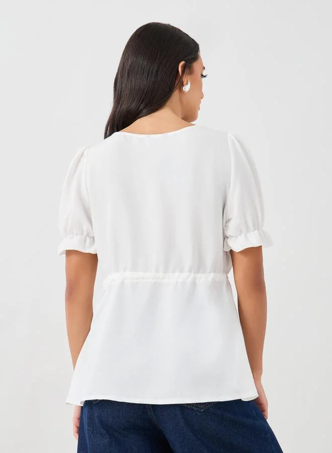 Styli Styli Embroidered V-Neck Puff Sleeve Peplum Blouse