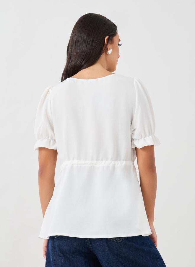 Styli Styli Embroidered V-Neck Puff Sleeve Peplum Blouse  - Image 5