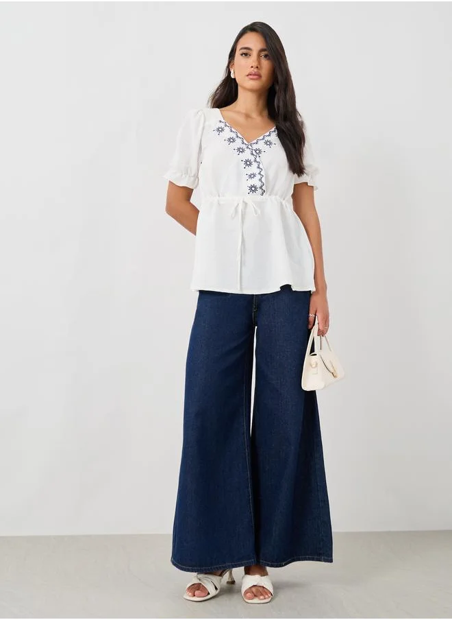 Styli Styli Embroidered V-Neck Puff Sleeve Peplum Blouse