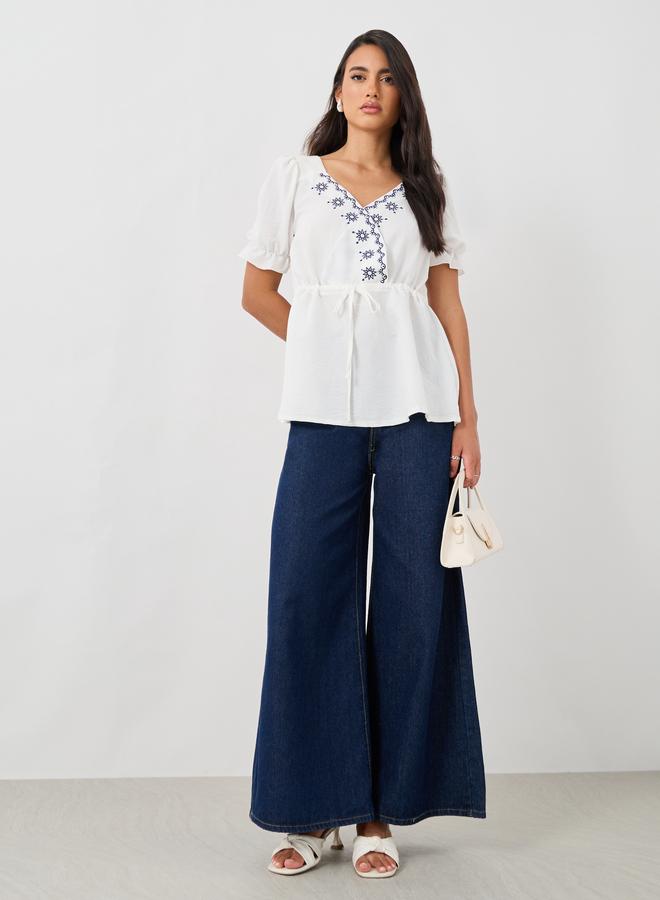 Styli Styli Embroidered V-Neck Puff Sleeve Peplum Blouse  - Image 2