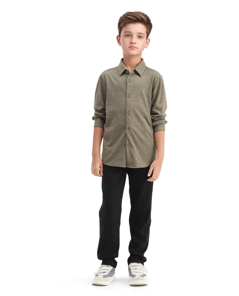 رير ونز Rare Ones Kids Bler-K Olive Cotton Blend Solid Button Closure Regular Fit Shirt