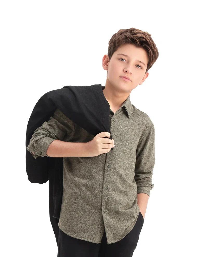 رير ونز Rare Ones Kids Bler-K Olive Cotton Blend Solid Button Closure Regular Fit Shirt