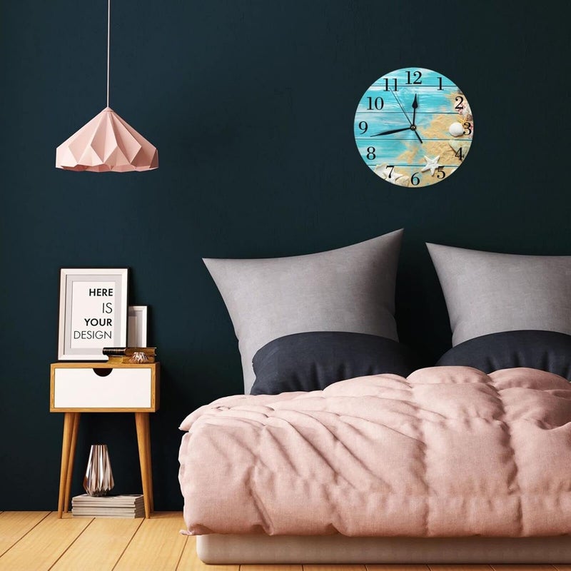 Abucaky sea Shells Wooden Board Background Wall Clock Battery Operated Silent Round Clock Wall Decor for Home Office School, 12 Inch - Image 5