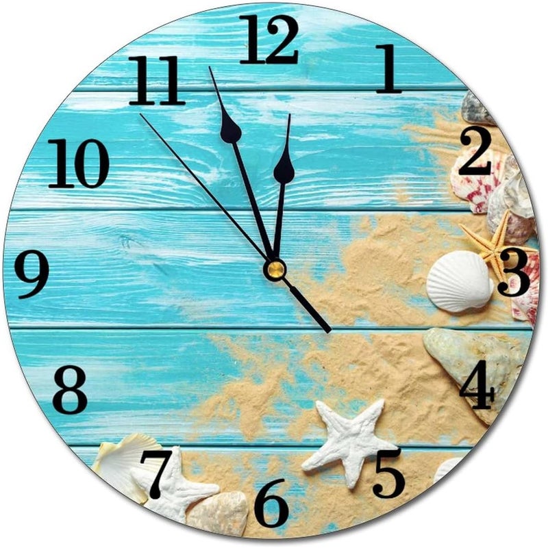 Abucaky sea Shells Wooden Board Background Wall Clock Battery Operated Silent Round Clock Wall Decor for Home Office School, 12 Inch - Image 1