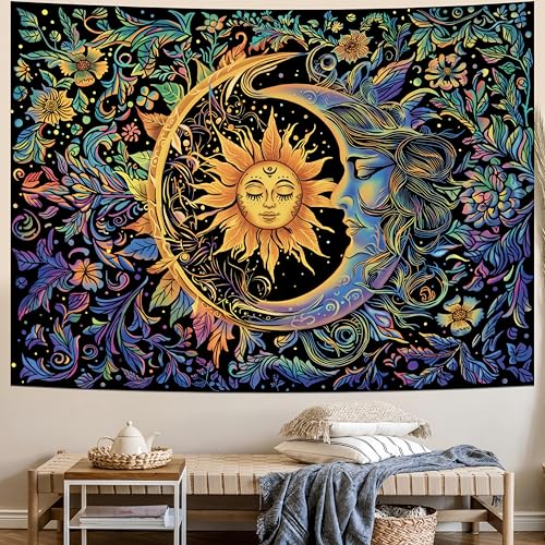 MAKABEE Tarot Style Sun and Moon Tapestry Psychedelic Mystic Floral Tapestry Hippie Boho Flower Plants Wall Tapestry Vintage Aesthetic Tapestry Wall Hanging for Bedroom - Image 1