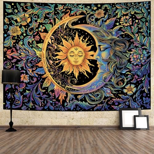 MAKABEE Tarot Style Sun and Moon Tapestry Psychedelic Mystic Floral Tapestry Hippie Boho Flower Plants Wall Tapestry Vintage Aesthetic Tapestry Wall Hanging for Bedroom - Image 4