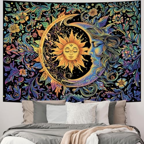 MAKABEE Tarot Style Sun and Moon Tapestry Psychedelic Mystic Floral Tapestry Hippie Boho Flower Plants Wall Tapestry Vintage Aesthetic Tapestry Wall Hanging for Bedroom - Image 2