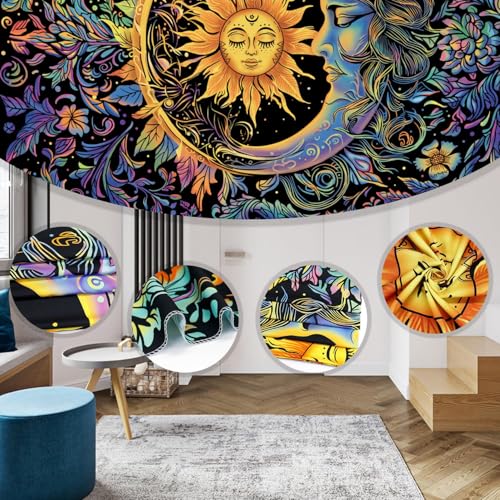 MAKABEE Tarot Style Sun and Moon Tapestry Psychedelic Mystic Floral Tapestry Hippie Boho Flower Plants Wall Tapestry Vintage Aesthetic Tapestry Wall Hanging for Bedroom - Image 5