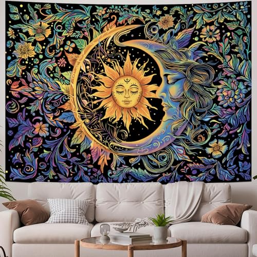 MAKABEE Tarot Style Sun and Moon Tapestry Psychedelic Mystic Floral Tapestry Hippie Boho Flower Plants Wall Tapestry Vintage Aesthetic Tapestry Wall Hanging for Bedroom - Image 3