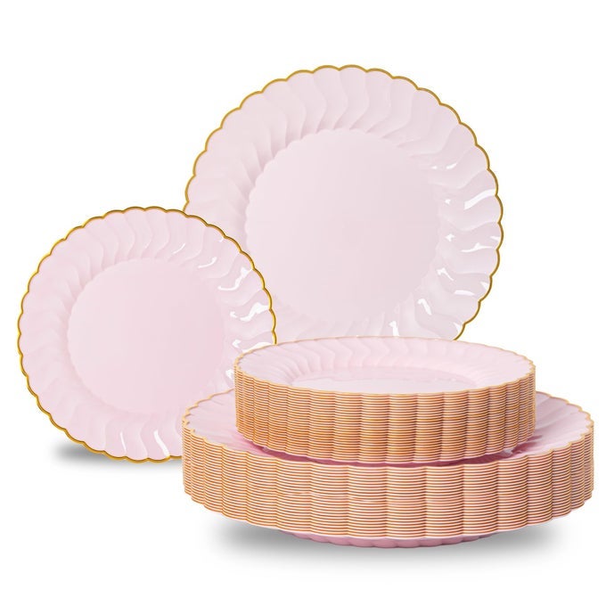 60PCS PINK SCALLOPED PLASTIC PLATES WITH GOLD RIM DISPOSABLE ELEGANT PLATES INCLUDE 30PCS DINNER PLATE 1025 30PCS DESSERT PLATE 75 PERFECT FOR DAILY USE WEDDING AND PARTY