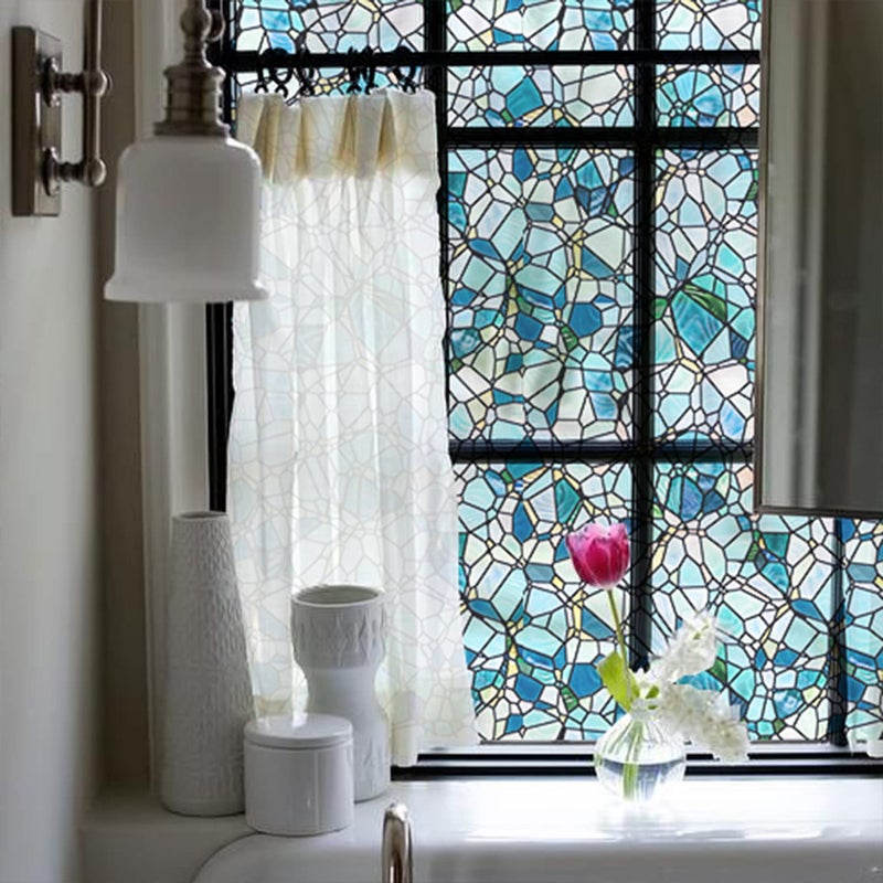 funlife Original HandDrawn Stained Glass Window Film Reusable DoubleSided Static Cling Window Films Suitable for Entryway NonAdhesive Glass 118x118 Blue Cobblestones