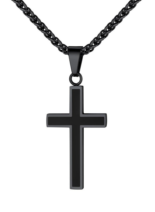 يو7 قلادة صليب سوداء بسيطة من U7، هدية مثالية للتعميد، قلادة مطلية بالمينا مع سلسلة حبل ملتوية بطول 22 بوصة - Image 1