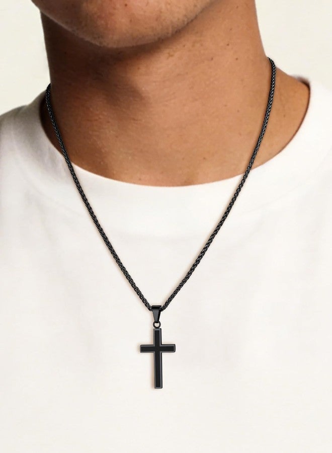 يو7 قلادة صليب سوداء بسيطة من U7، هدية مثالية للتعميد، قلادة مطلية بالمينا مع سلسلة حبل ملتوية بطول 22 بوصة - Image 2