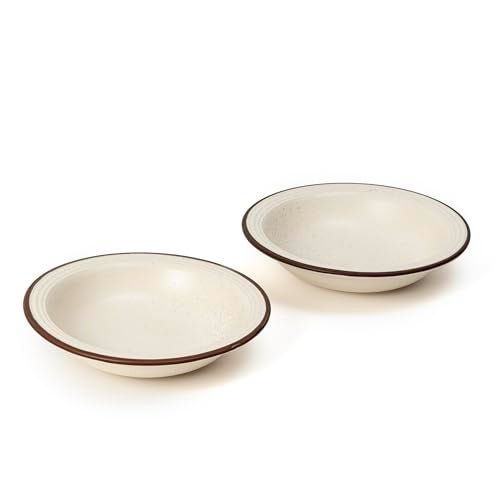Beyond Homes Ceramic Pasta Plates Shallow, 18cm, Set of 4, White Brown | Matte Finish Ceramic Pasta Bowl | Flat Stoneware Pasta and Maggie Bowl | Chip-Resistant | Microwave Safe; (4, White Brown Rim) - Image 1