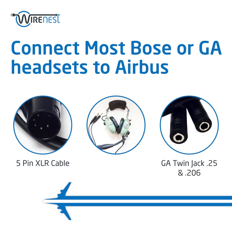 Wirenest GA Twin Plug to Airbus 5 Pin XLR Headset Adapter - Dual General Aviation PJ-055 (.206â€³) and PJ-068 (.25â€³) Jacks Connector - Compatible with Most Major Brand Pilot Headsets - Image 3