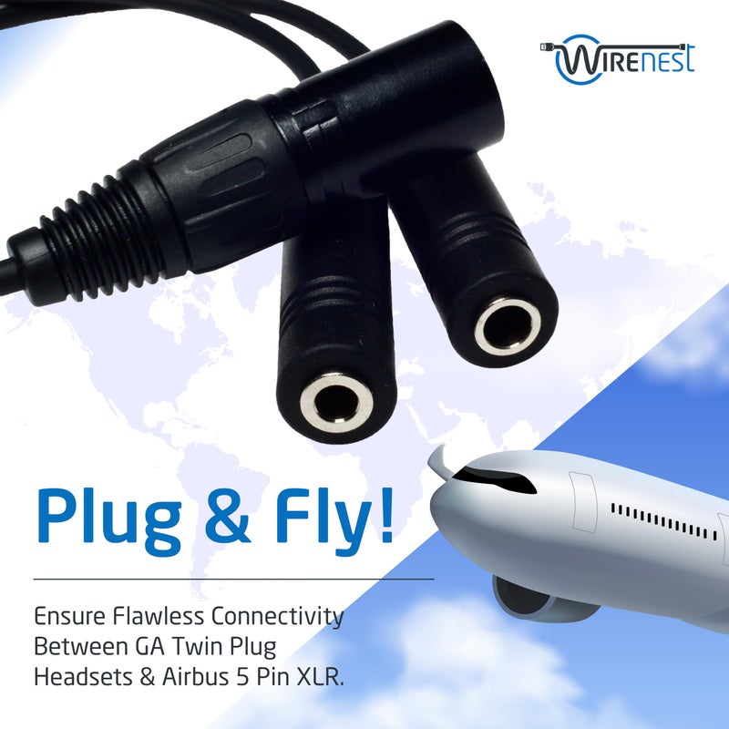 Wirenest GA Twin Plug to Airbus 5 Pin XLR Headset Adapter - Dual General Aviation PJ-055 (.206â€³) and PJ-068 (.25â€³) Jacks Connector - Compatible with Most Major Brand Pilot Headsets - Image 2