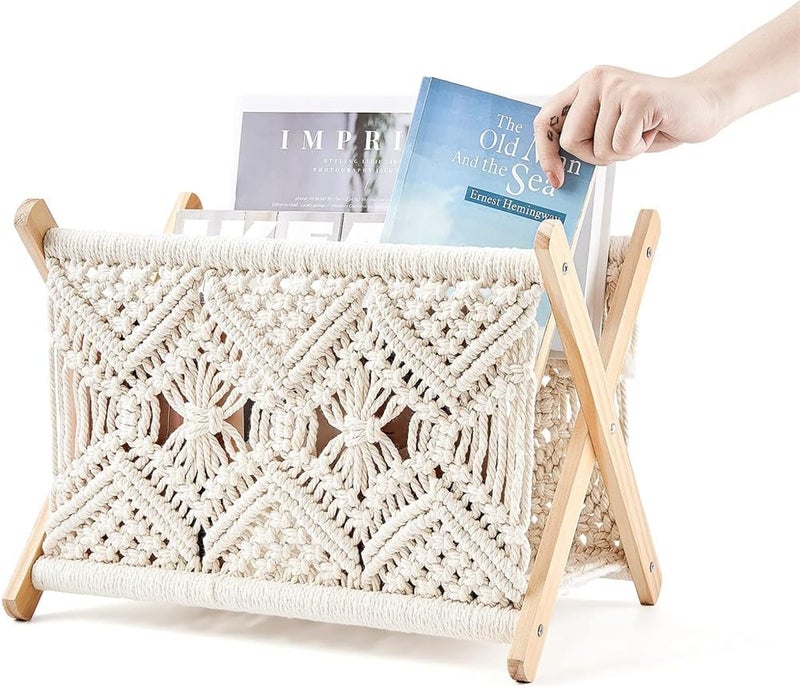 YARDHOBI Macrame Magazine Rack, Boho Storage Holder, Pre Assembled Boho Room Decor Storage Basket Rack, Standing Basket for Books, Newspapers, Swaddle Blanket, Dorm Essentials (12”L x 7.8”W) - Image 5
