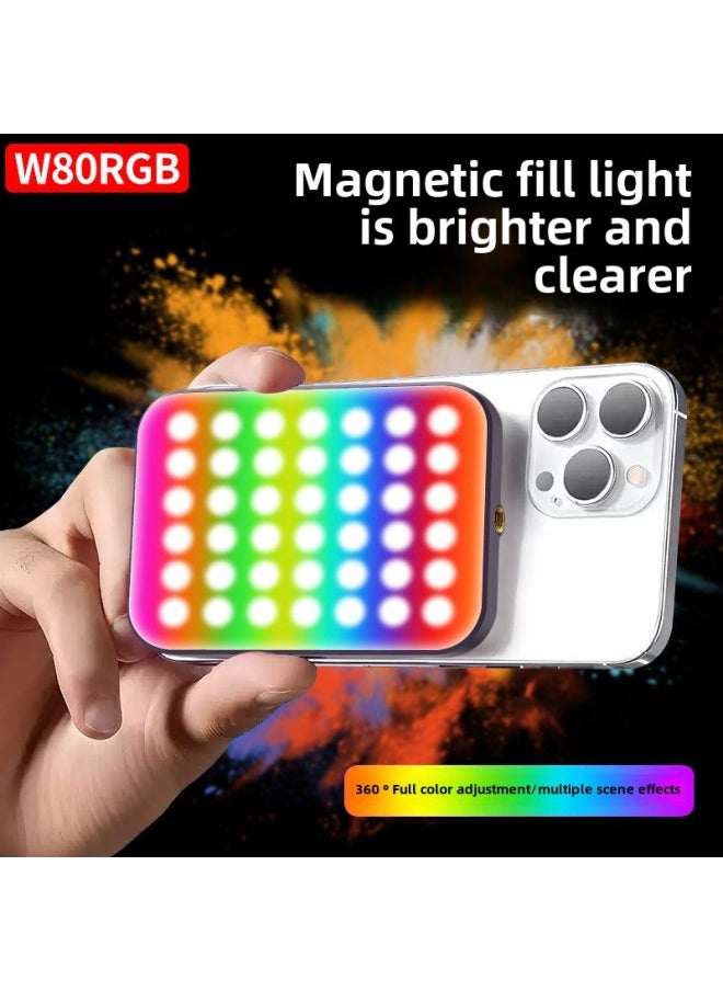 Generic Magnetic Absorption Fill Light LED Mobile Phone Photo Video Fill Light RBG Live Atmosphere Camera Pocket Light-Light Source Color:W80rgb Full Color + Clip  - Image 2