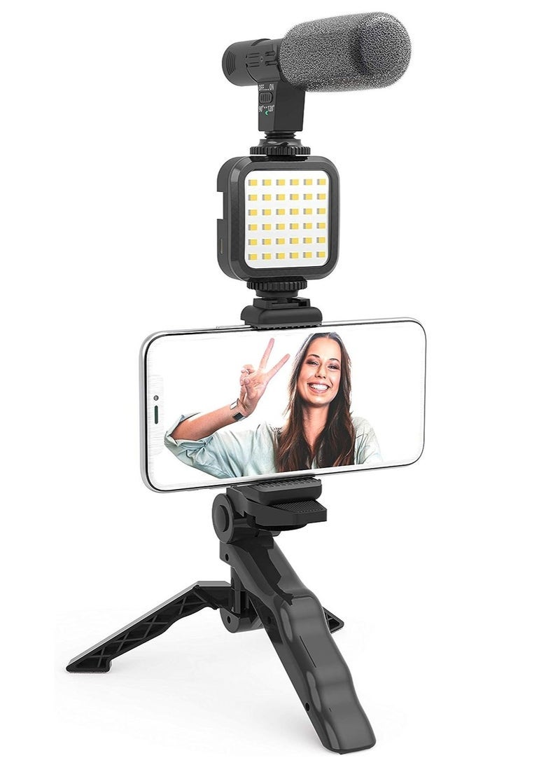 Vlogging Like Me LED Video Light + Microphone + Mobile Phone Holder + Hand Grip Mini Tripod Compatible with Smartphones for TikTok, Youtube, Live Streaming and Meetings - Image 1