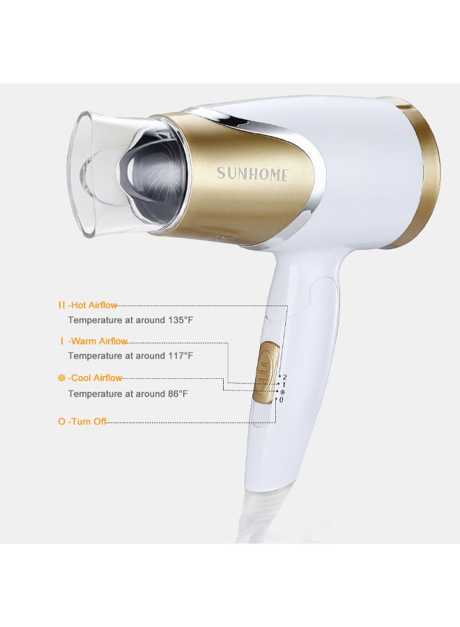 Sunhome Travel Hair Dryer 1800W With Folding Handle White/Gold 21x12x9cm - Image 5