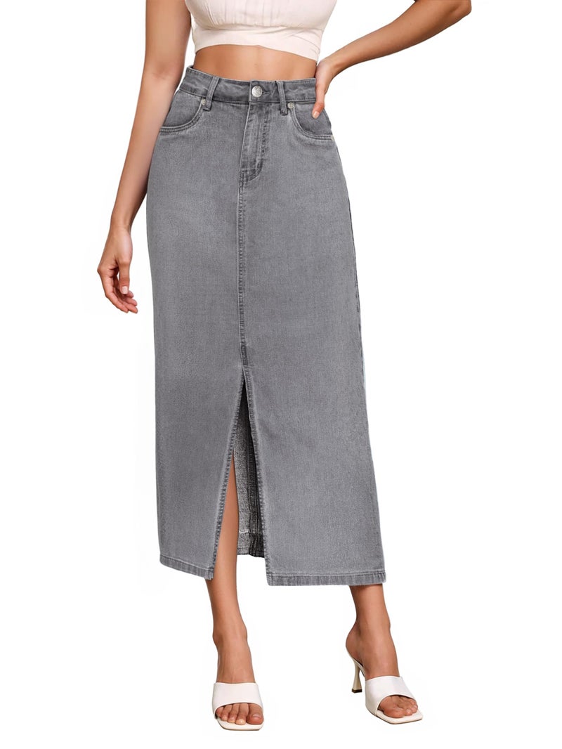 Hybrid & Company Hybrid Company Womens Long Denim Skirt Stretch Jean Skirt for Office and Casual Wear LSKS22882 Grey 10