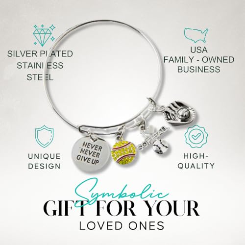 Infinity Collection Softball Charm Bracelet, Silver Adjustable Bangle with Never Never Give Up and Softball-Themed Charms, Jewelry & Gifts for Players, Teams, and Coaches - Image 3
