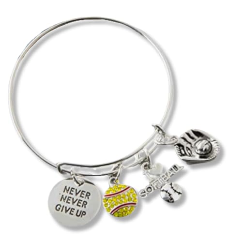 Infinity Collection Softball Charm Bracelet, Silver Adjustable Bangle with Never Never Give Up and Softball-Themed Charms, Jewelry & Gifts for Players, Teams, and Coaches - Image 1