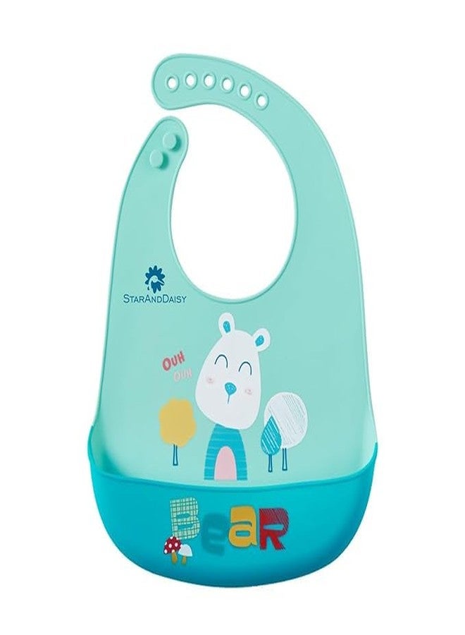 StarAndDaisy Reusable Silicone Bib for Baby with Adjustable Buttons for Mess-Free Feeding, Weaning, and Easy Cleaning and Waterproof (Printed-Green Bear) - Image 1