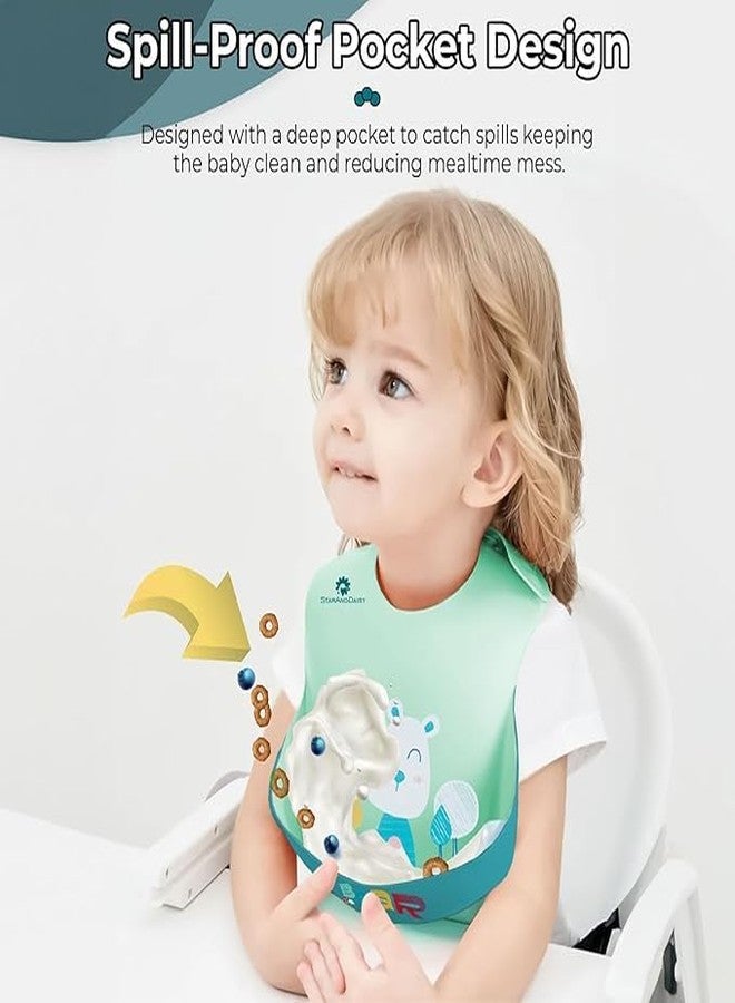 StarAndDaisy Reusable Silicone Bib for Baby with Adjustable Buttons for Mess-Free Feeding, Weaning, and Easy Cleaning and Waterproof (Printed-Green Bear) - Image 2
