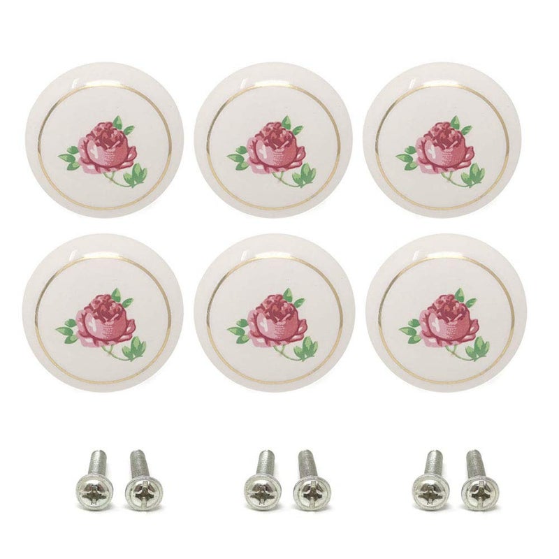 yueton 6Pcs 112 inch Hand Painted Ceramic Knobs Kitchen Cabinet Retro Vintage Door Drawer Handles Pulls for Dresser Cupboard Wardrobe Pink Rose