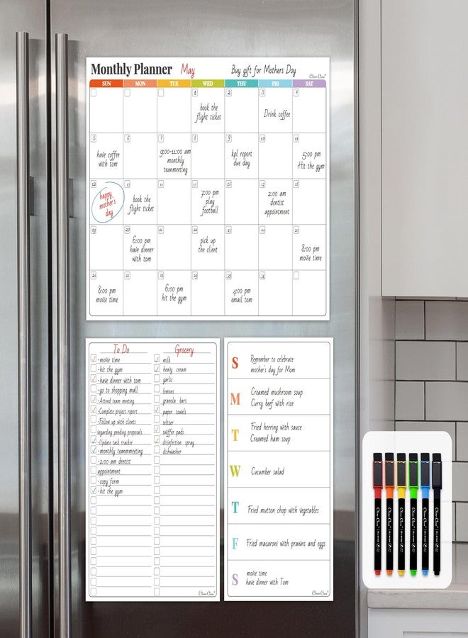 Clever Clean Non-Magnetic Dry Erase Calendar Set for Fridge - 14.5“x11.5" Reusable Monthly Calendar - 6.5"x11.5" Menu and 8"x11.5" List Sticks to Most Smooth Surfaces - 6 Dry Erase Markers Included - Image 1
