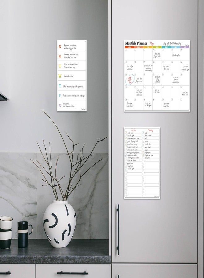 Clever Clean Non-Magnetic Dry Erase Calendar Set for Fridge - 14.5“x11.5" Reusable Monthly Calendar - 6.5"x11.5" Menu and 8"x11.5" List Sticks to Most Smooth Surfaces - 6 Dry Erase Markers Included - Image 5