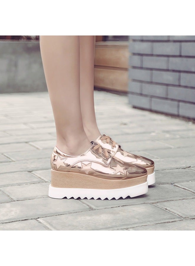 Baby's New Square-toe Star Shoes With Straps, Thick-soled Wedge Platform Shoes, Korean Style Patent Leather Deep-mouth Casual Shoes