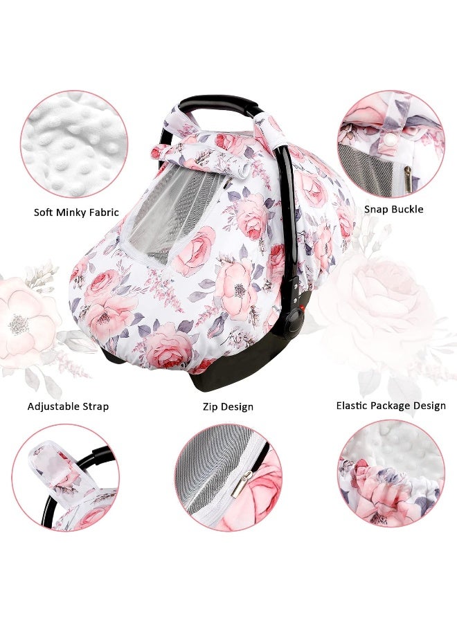 SWESEN Car Seat Covers for Babies, Winter Carseat Cover Girls, Minky Infant Car Seat Canopy, Cozy & Warm Cover, Pink Floral - Image 2