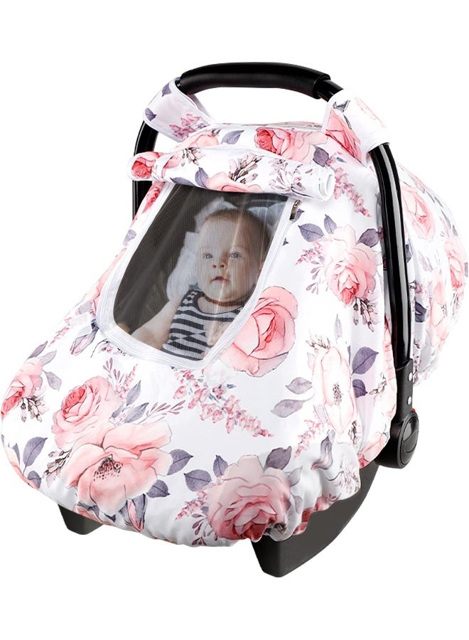SWESEN Car Seat Covers for Babies, Winter Carseat Cover Girls, Minky Infant Car Seat Canopy, Cozy & Warm Cover, Pink Floral - Image 1