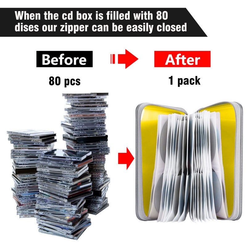 Siveit CD Case holder, 80 Capacity CD/DVD Case Holders Wallet Hard Plastic CD DVD Disc Cases Storage Binder for Car Home Office Travel (Yellow) - Image 4