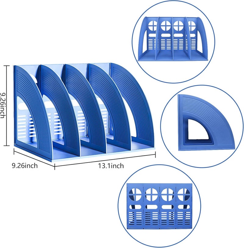 SAYEEC File Holder Storage Folder 4 Compartment Standing Desktop Hollow Organizer Blue Files Shelf Frame Thicken Plastic Paper Notebook Magazine Bookstore for Office School Supplier Students - Image 2