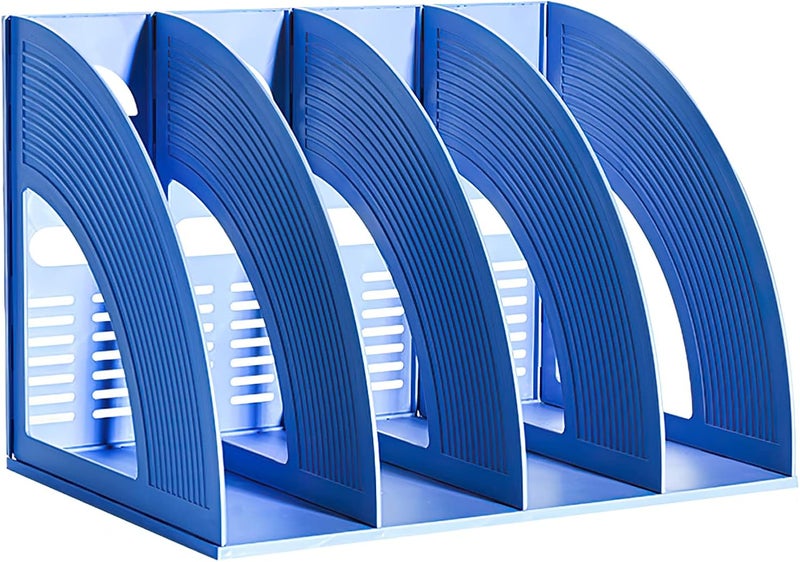 SAYEEC File Holder Storage Folder 4 Compartment Standing Desktop Hollow Organizer Blue Files Shelf Frame Thicken Plastic Paper Notebook Magazine Bookstore for Office School Supplier Students - Image 1