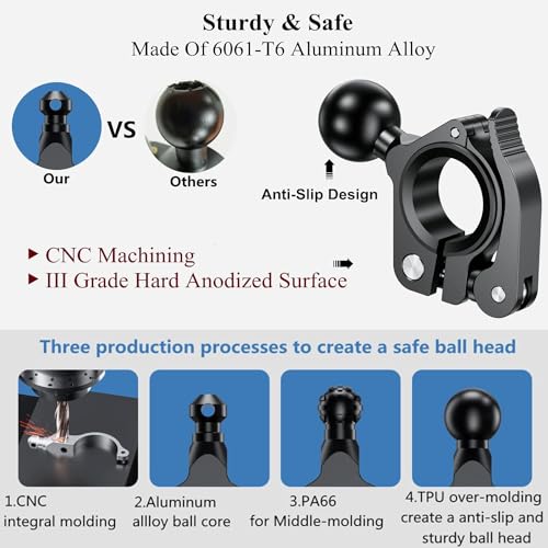 BRCOVAN Aluminum Alloy Handlebar Clamp Mount Base with 1'' TPU Ball for Rail Diameter 0.5'' 0.87'' 1'' 1.125'' 1.26'', Fit for RAM Mounts B Size 1 Inch Ball Double Socket Arm, Tool-Less Installation - Image 3
