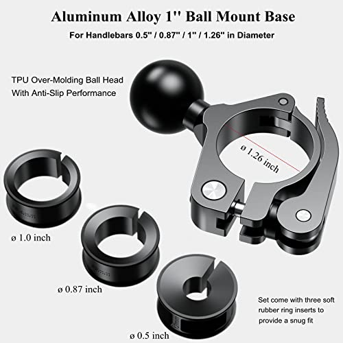 BRCOVAN Aluminum Alloy Handlebar Clamp Mount Base with 1'' TPU Ball for Rail Diameter 0.5'' 0.87'' 1'' 1.125'' 1.26'', Fit for RAM Mounts B Size 1 Inch Ball Double Socket Arm, Tool-Less Installation - Image 2