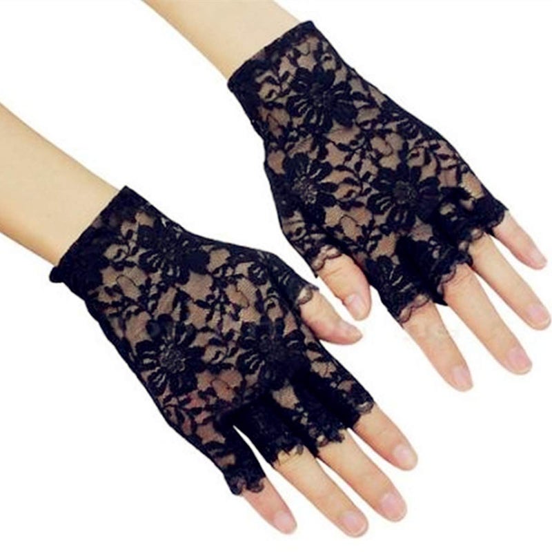 DreamHigh Women Wrist Length Lace Half Finger Gloves (Black) - Image 5