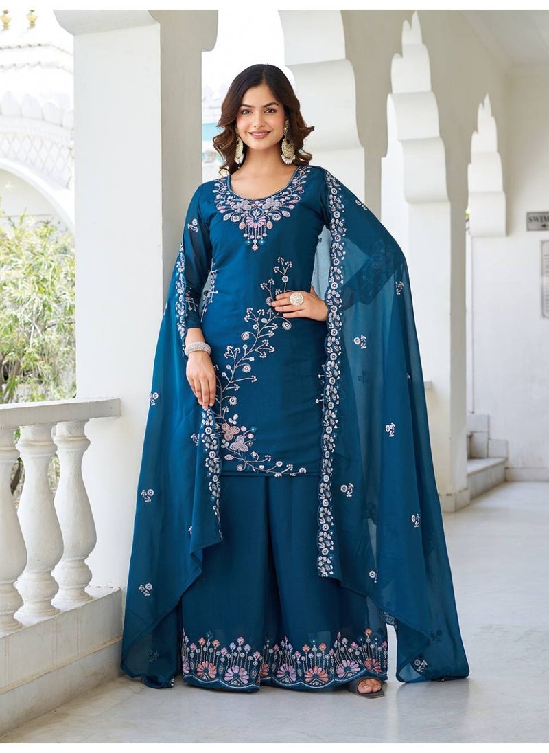 Super Asian Elegant Star Georgette Kurti Palazzo Set with Dupatta – Heavy Moti, Bidas & Sequence Embroidery | Fully Stitched  - Image 1